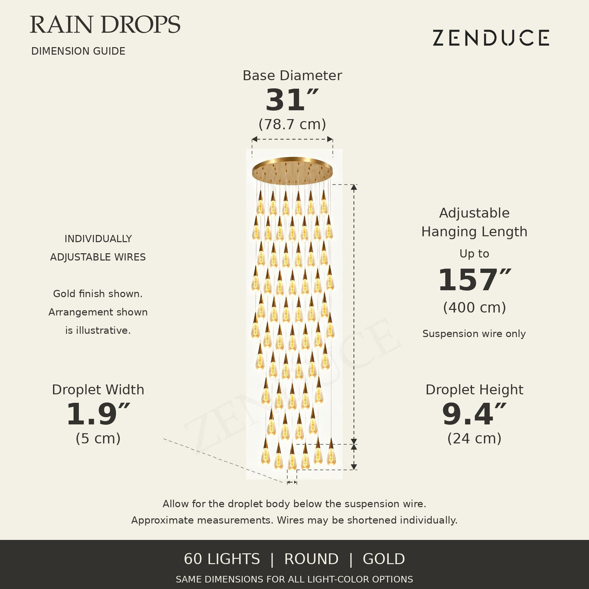 RAIN DROPS 60-light round gold AVELLE dimension guide: base 31-inch diameter; suspension wire up to 157 inches, plus a 9.4-inch high by 1.9-inch wide droplet. Inch values are prominent with centimetres below.