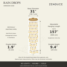 RAIN DROPS 60-light round gold AVELLE dimension guide: base 31-inch diameter; suspension wire up to 157 inches, plus a 9.4-inch high by 1.9-inch wide droplet. Inch values are prominent with centimetres below.