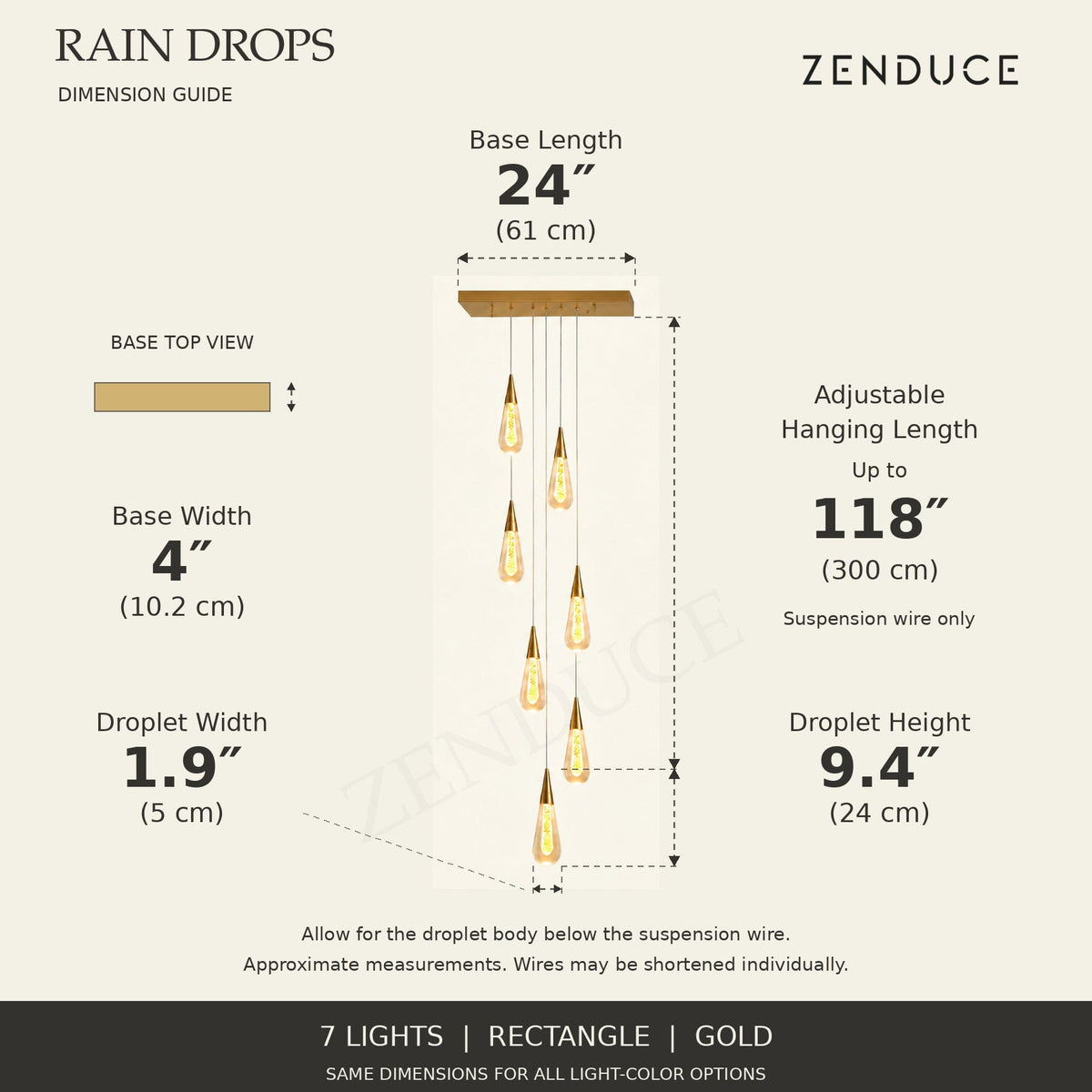 RAIN DROPS 7-light rectangle gold AVELLE dimension guide: base 24 inches long by 4 inches wide; suspension wire up to 118 inches, plus a 9.4-inch high by 1.9-inch wide droplet. Inch values are prominent with centimetres below.