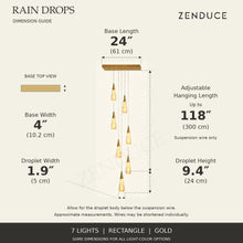 RAIN DROPS 7-light rectangle gold AVELLE dimension guide: base 24 inches long by 4 inches wide; suspension wire up to 118 inches, plus a 9.4-inch high by 1.9-inch wide droplet. Inch values are prominent with centimetres below.