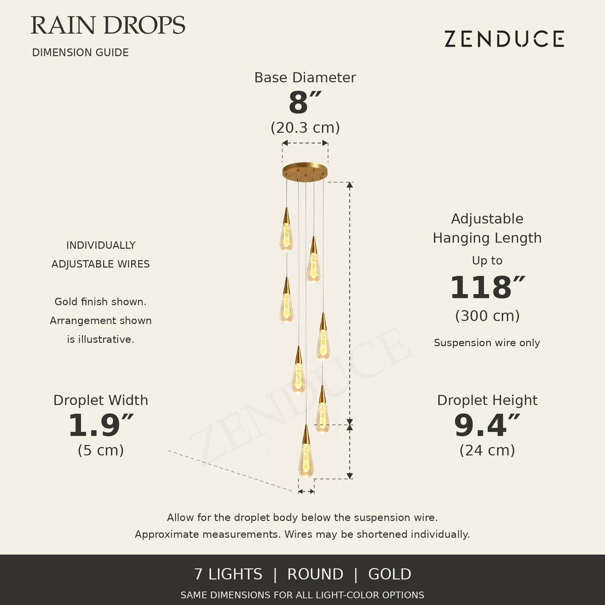 RAIN DROPS 7-light round gold AVELLE dimension guide: base 8-inch diameter; suspension wire up to 118 inches, plus a 9.4-inch high by 1.9-inch wide droplet. Inch values are prominent with centimetres below.