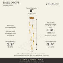 RAIN DROPS 7-light round gold AVELLE dimension guide: base 8-inch diameter; suspension wire up to 118 inches, plus a 9.4-inch high by 1.9-inch wide droplet. Inch values are prominent with centimetres below.