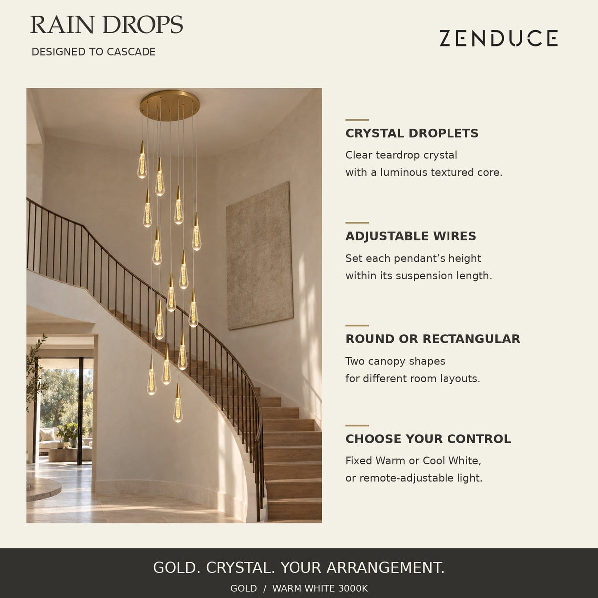 RAIN DROPS 14-light round chandelier with callouts for clear crystal droplets, adjustable wires, two canopy shapes and light-control choices.