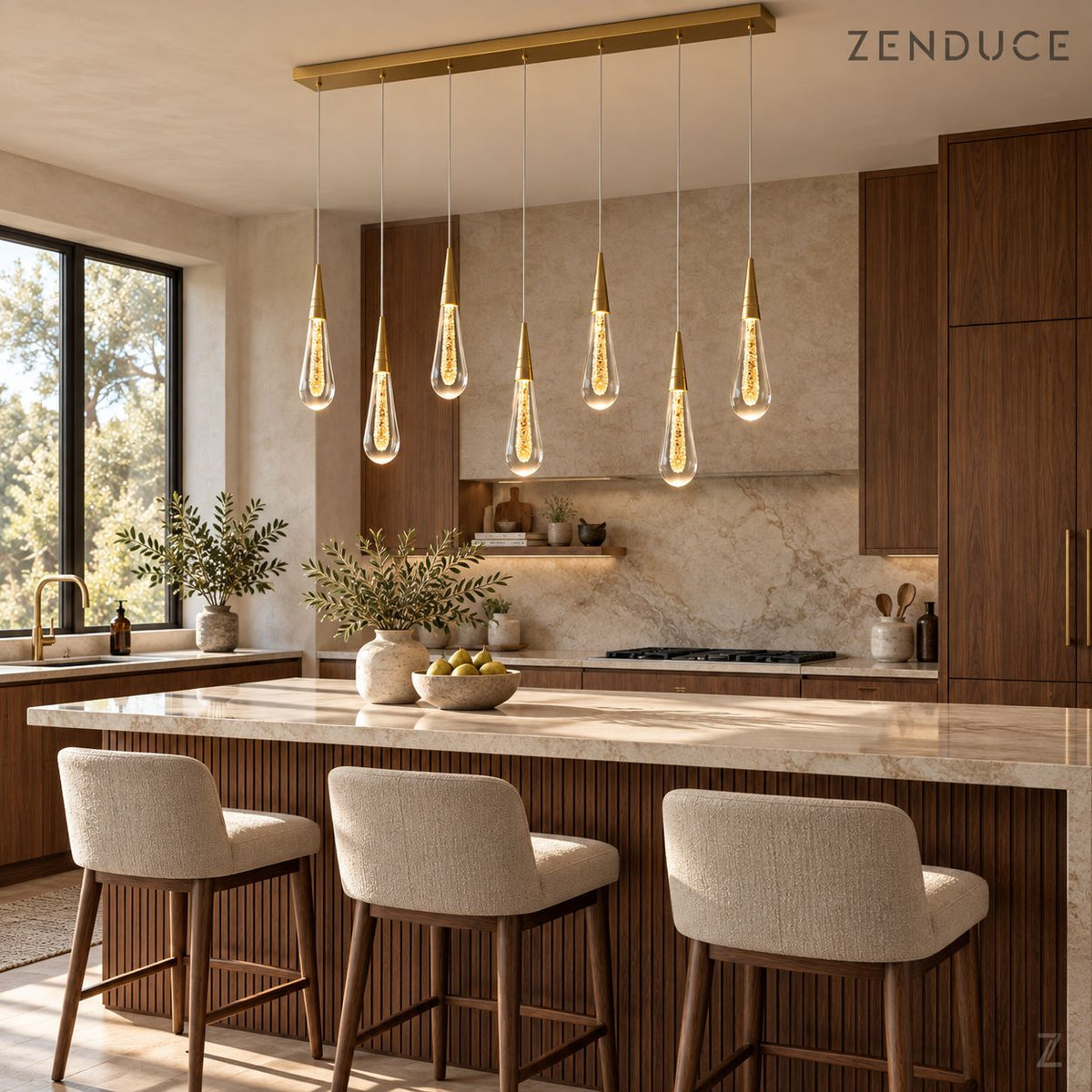 RAIN DROPS 7-light rectangular gold chandelier above a walnut and quartzite kitchen island with three upholstered stools; photorealistic installation visualization.