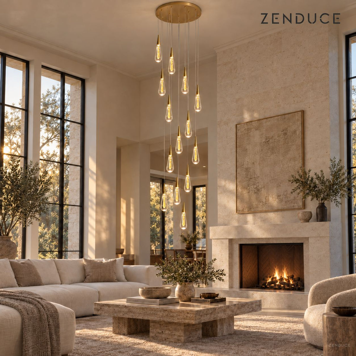 RAIN DROPS 14-light round gold chandelier in a tall cream living room with limestone fireplace and travertine coffee table; photorealistic installation visualization.