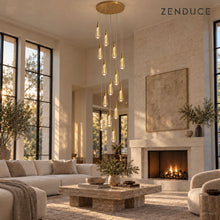 RAIN DROPS 14-light round gold chandelier in a tall cream living room with limestone fireplace and travertine coffee table; photorealistic installation visualization.