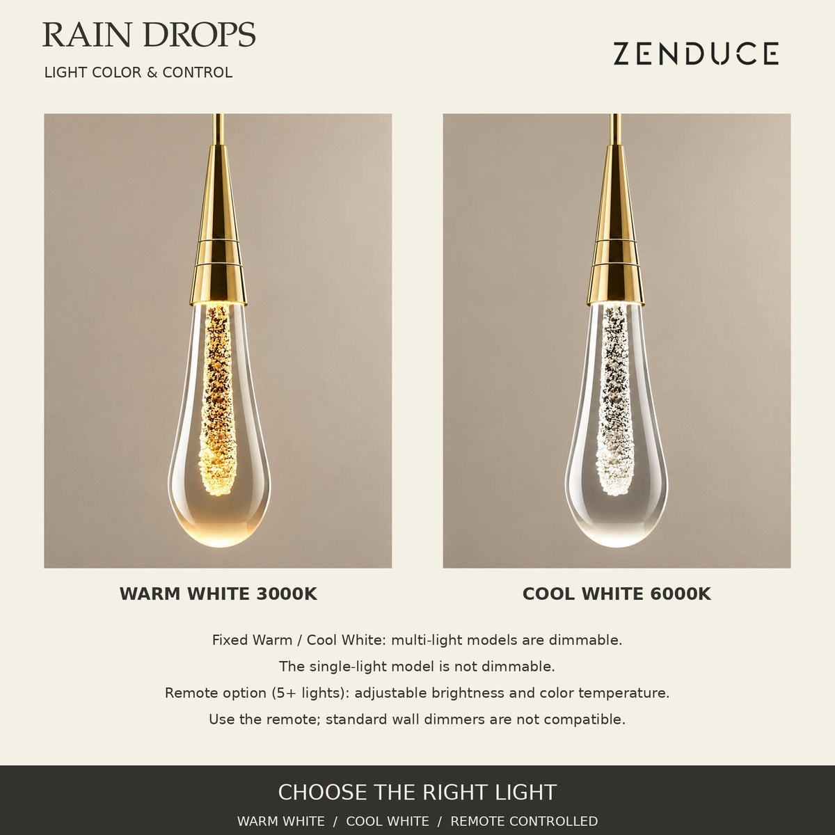RAIN DROPS warm white 3000K and cool white 6000K comparison. Multi-light fixed-color models are dimmable; one light is not. Remote models adjust brightness and color temperature without a standard dimmer.