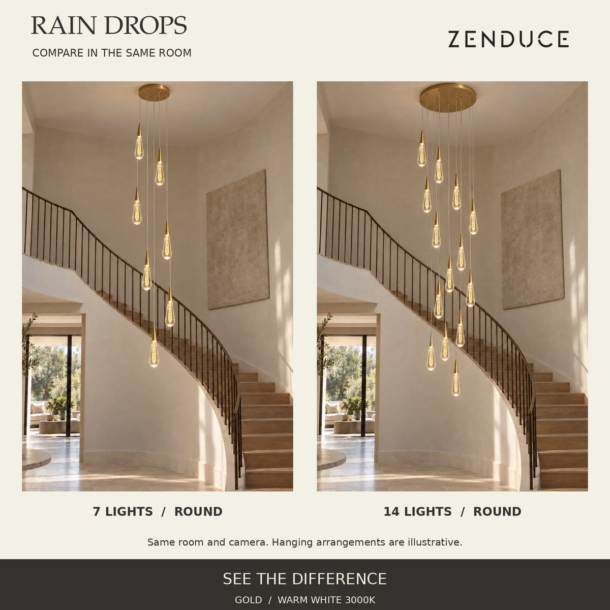 RAIN DROPS 7-light and 14-light round chandeliers in the same real-looking staircase interior, with unchanged room and camera for a photographic scale comparison.