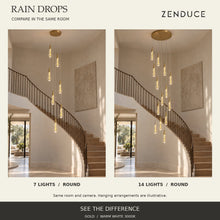 RAIN DROPS 7-light and 14-light round chandeliers in the same real-looking staircase interior, with unchanged room and camera for a photographic scale comparison.