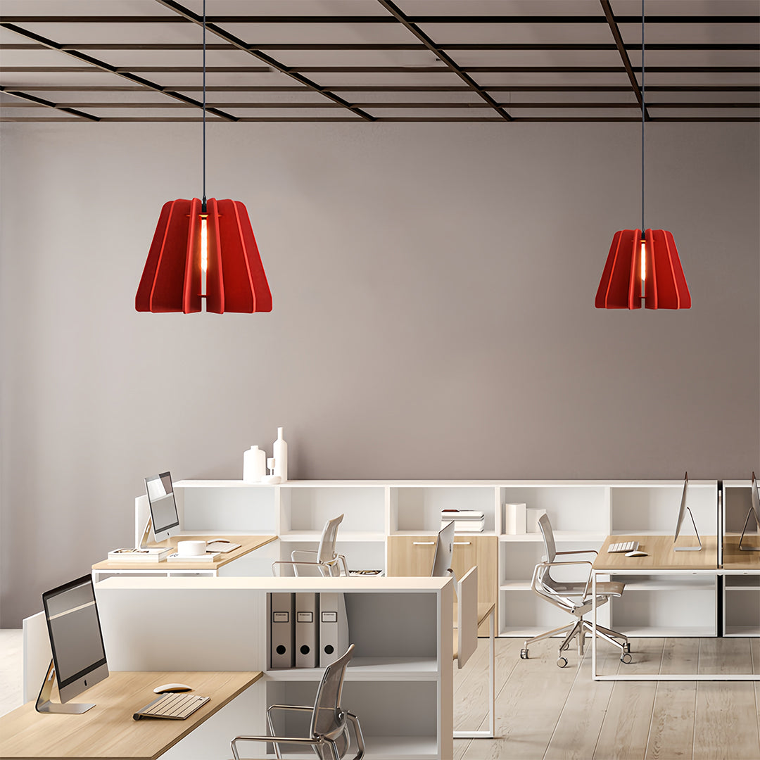 FELLA - Red felt pendants above an office workspace