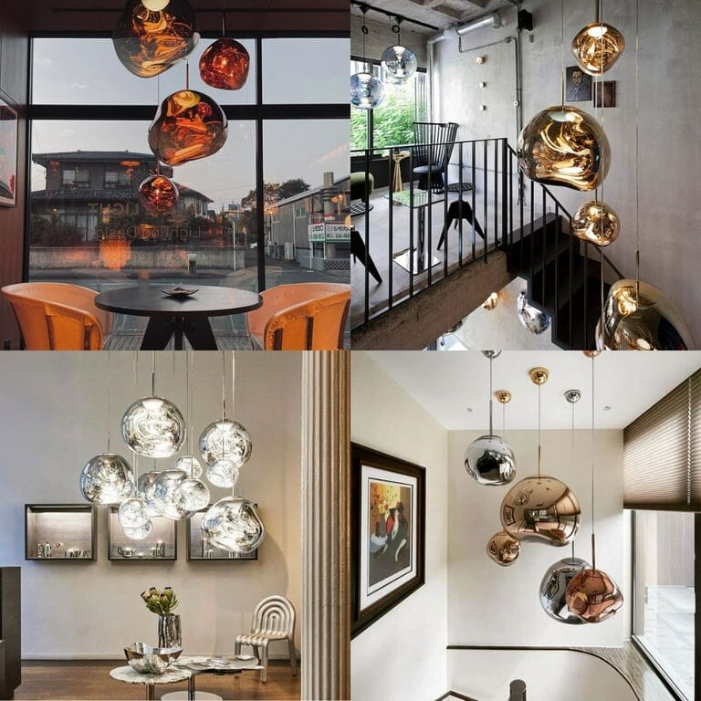 LAVA rose gold, gold and silver pendants shown in four interior settings