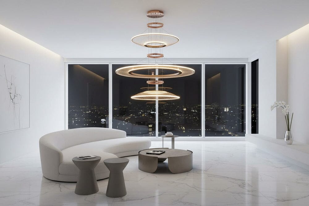 CIRCA triple-tier chandelier in a modern living room at night