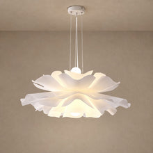 ROSE white acrylic flower pendant with layered wavy petals and a white canopy, lit