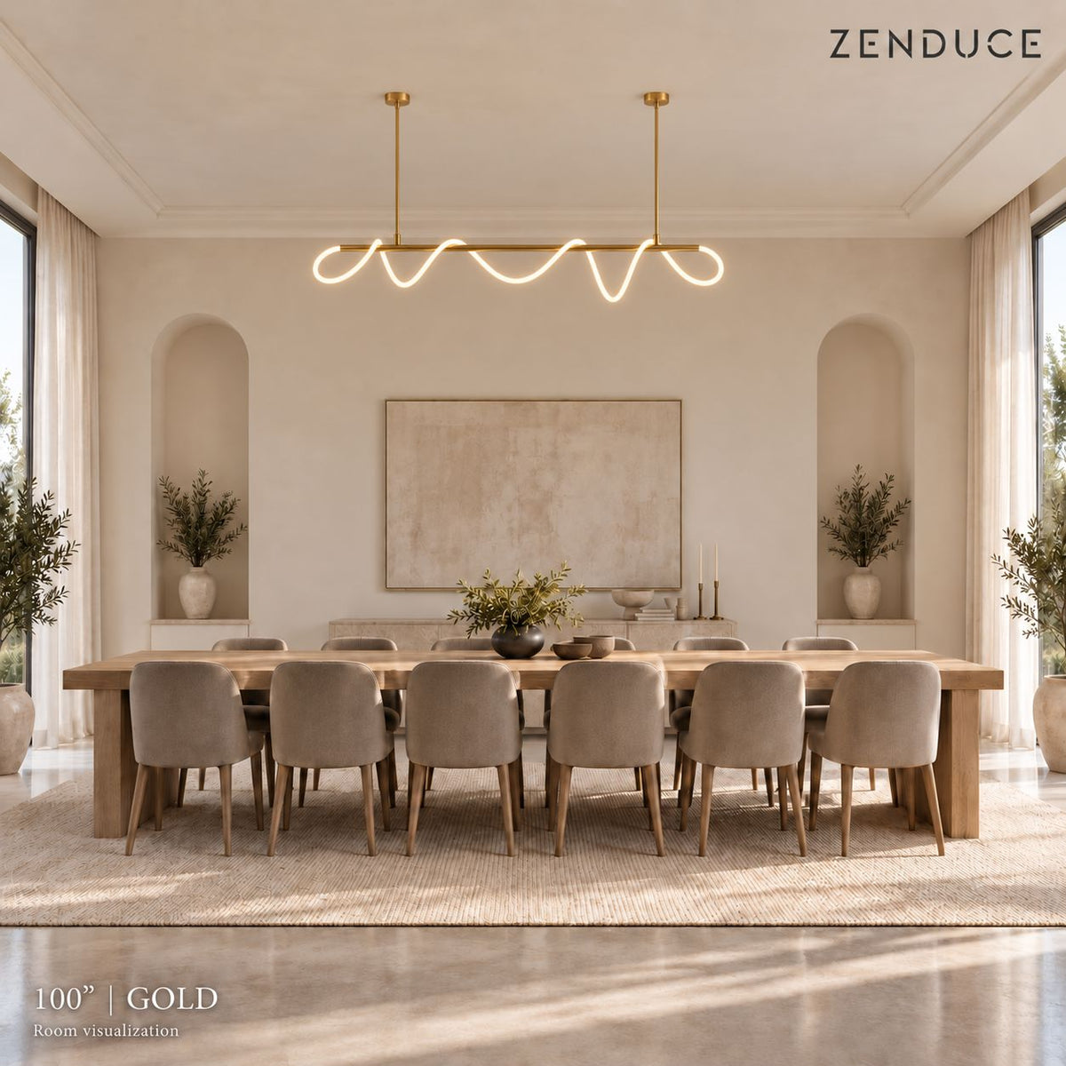 SELIA 100-inch gold chandelier in the same dining room for an illustrative size comparison; use dimension guide for exact measurements