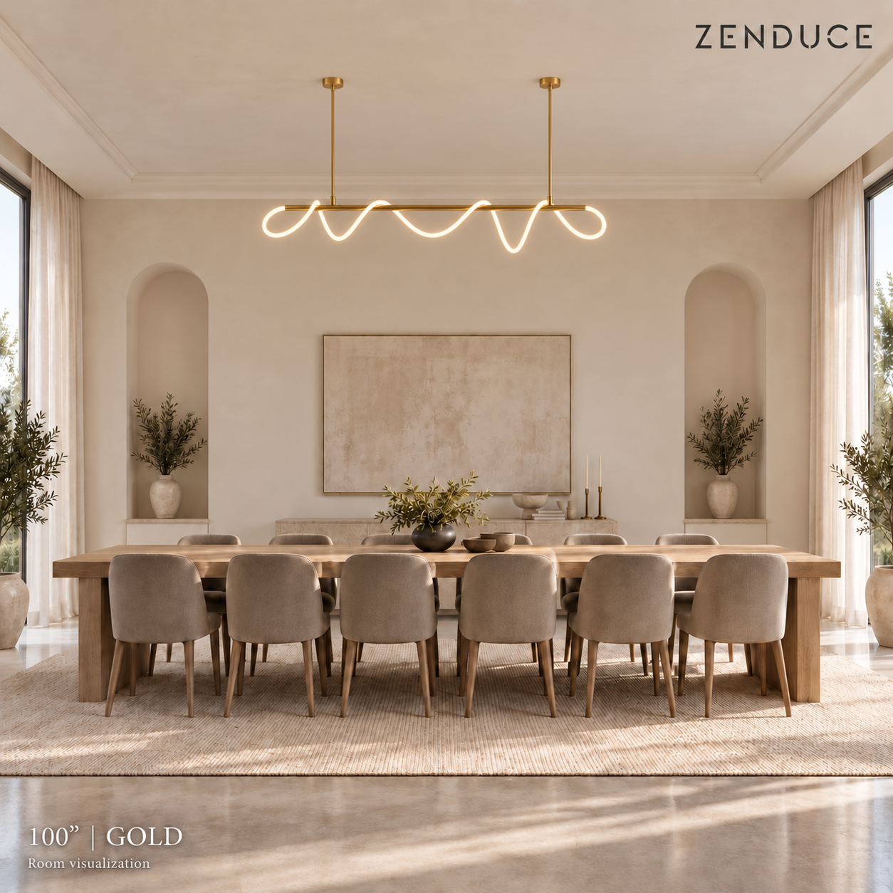 SELIA 100-inch gold chandelier in the same dining room for an illustrative size comparison; use dimension guide for exact measurements