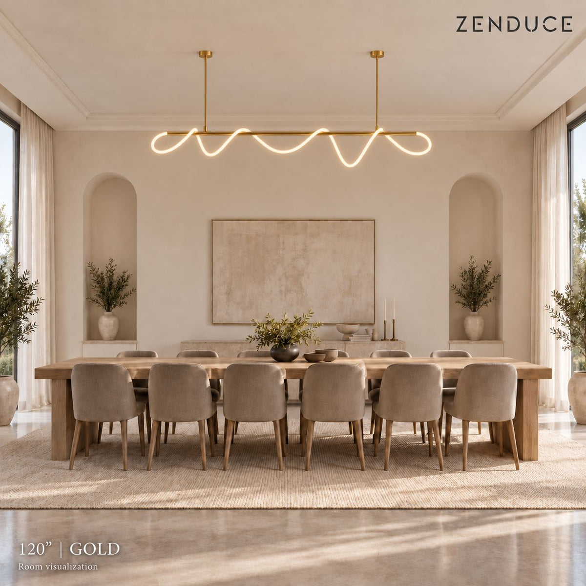 SELIA 120-inch gold chandelier in the same dining room for an illustrative size comparison; use dimension guide for exact measurements