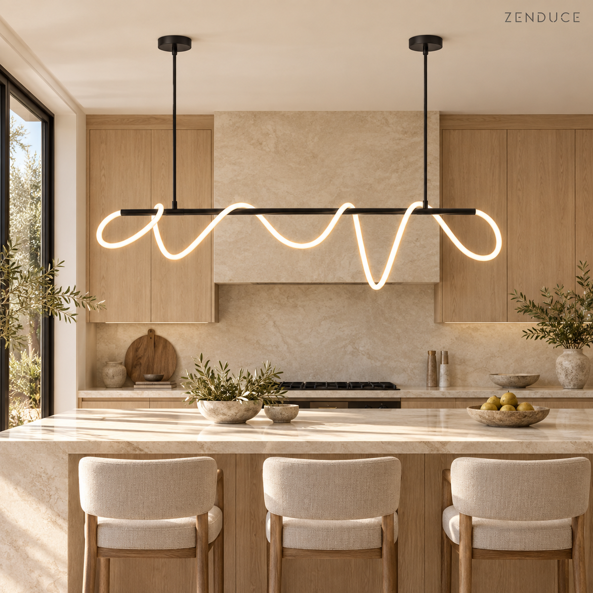 SELIA black linear chandelier in a bright contemporary kitchen above a cream stone island