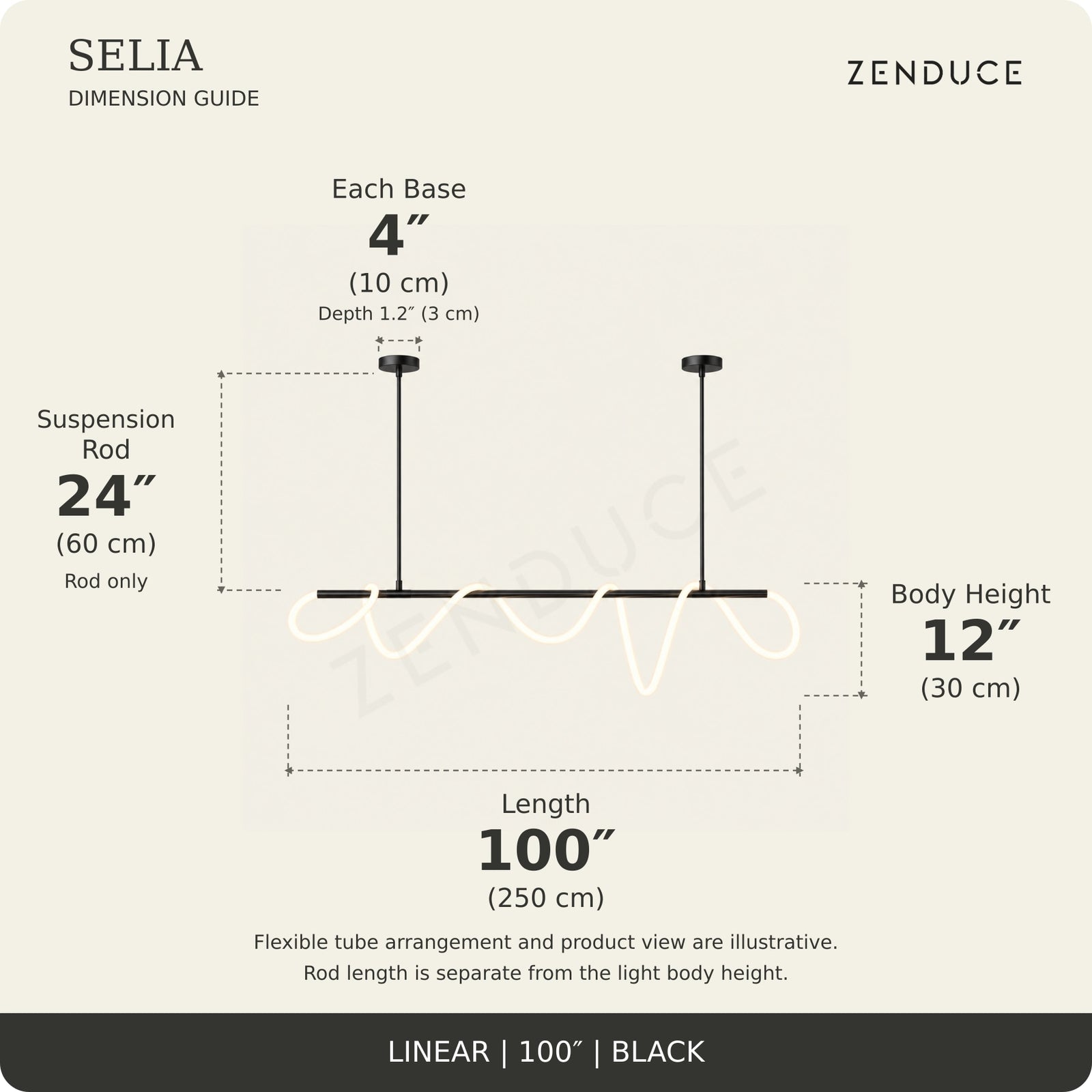SELIA 100-inch black dimension guide: length 100 inches (250 cm), body 12 inches (30 cm), suspension rod 24 inches (60 cm), two bases each 4 inches (10 cm) wide