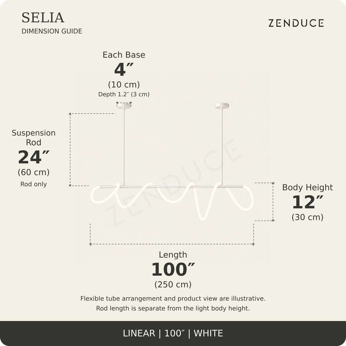 SELIA 100-inch white dimension guide: length 100 inches (250 cm), body 12 inches (30 cm), suspension rod 24 inches (60 cm), two bases each 4 inches (10 cm) wide