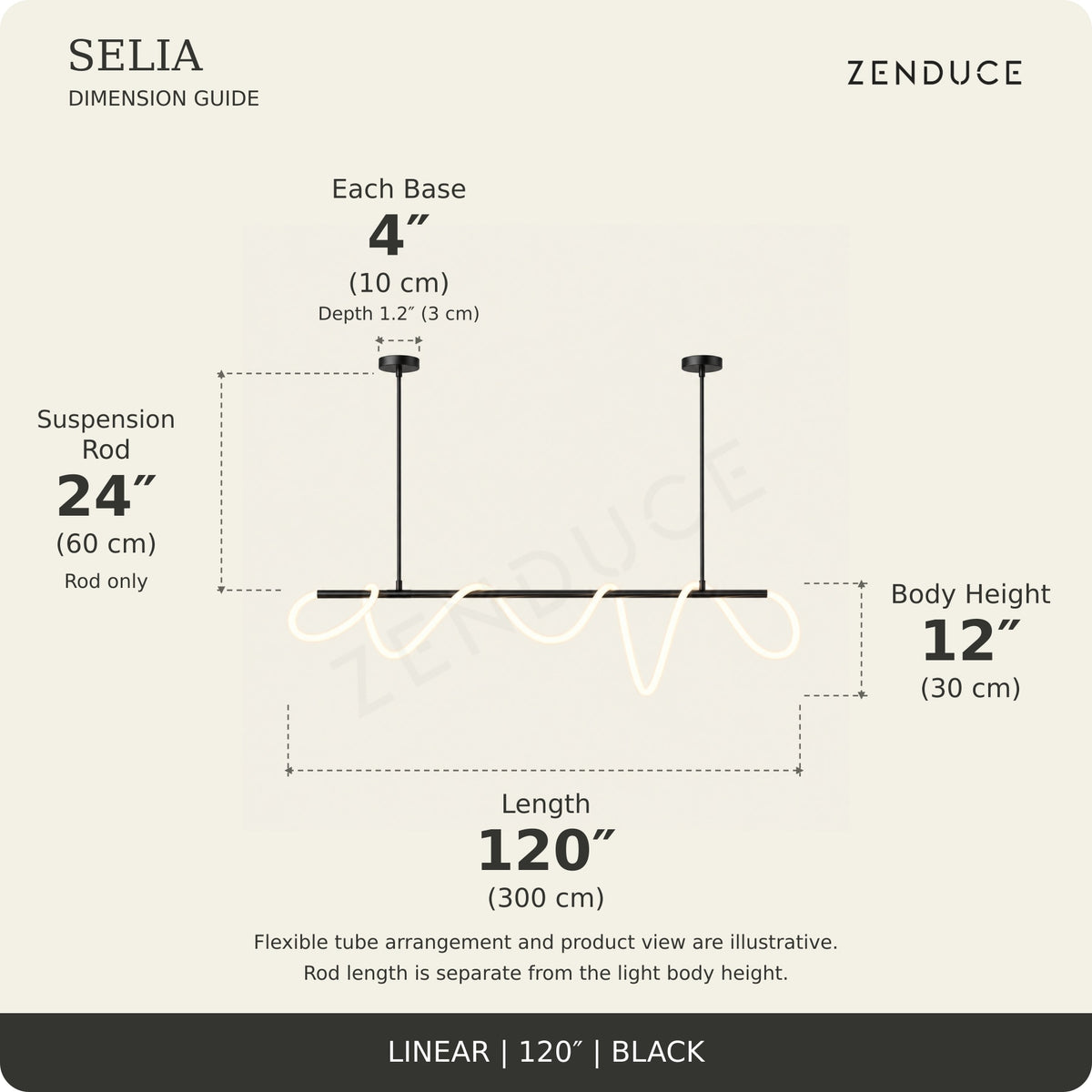 SELIA 120-inch black dimension guide: length 120 inches (300 cm), body 12 inches (30 cm), suspension rod 24 inches (60 cm), two bases each 4 inches (10 cm) wide