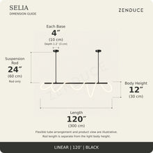 SELIA 120-inch black dimension guide: length 120 inches (300 cm), body 12 inches (30 cm), suspension rod 24 inches (60 cm), two bases each 4 inches (10 cm) wide