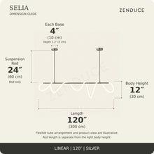 SELIA 120-inch silver dimension guide: length 120 inches (300 cm), body 12 inches (30 cm), suspension rod 24 inches (60 cm), two bases each 4 inches (10 cm) wide