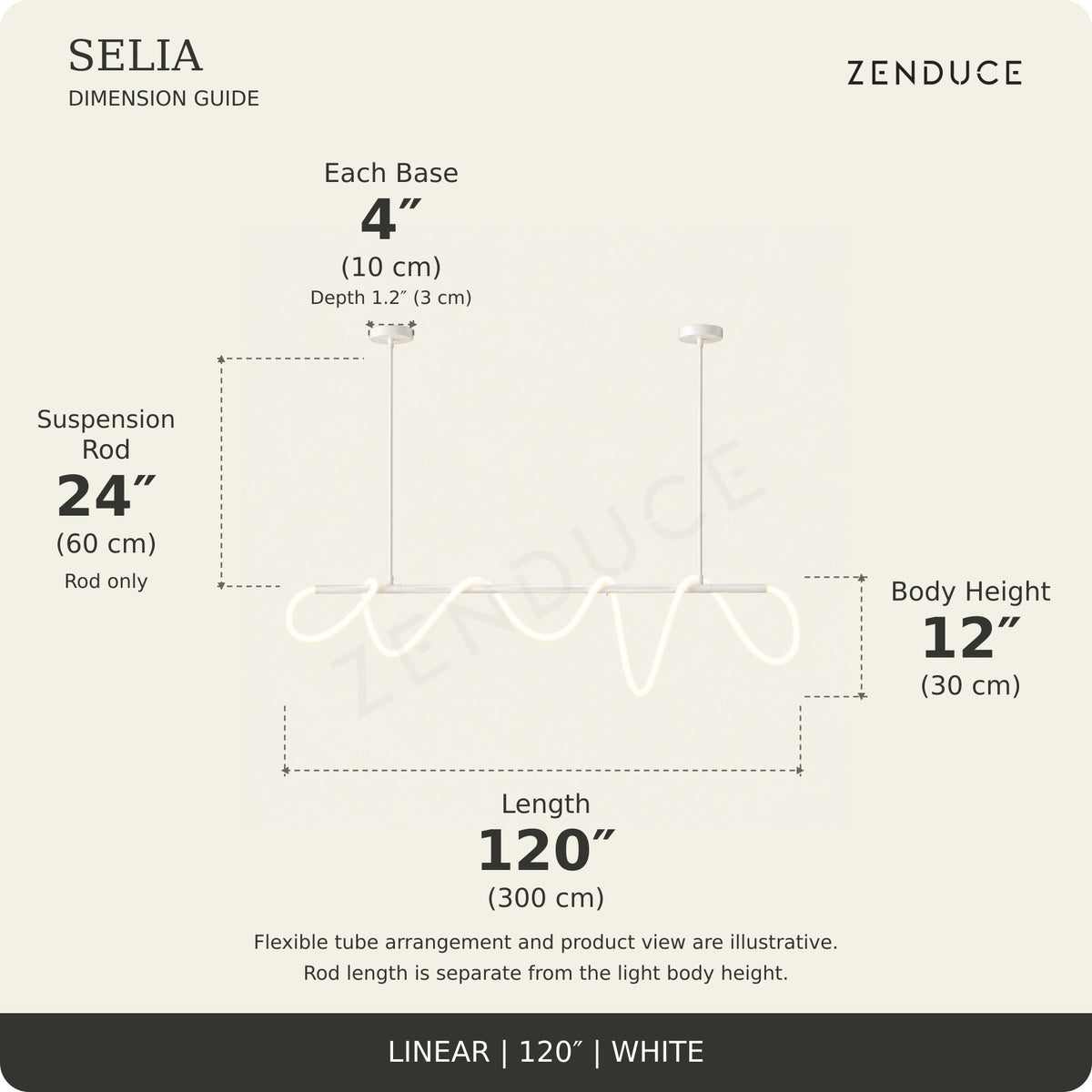 SELIA 120-inch white dimension guide: length 120 inches (300 cm), body 12 inches (30 cm), suspension rod 24 inches (60 cm), two bases each 4 inches (10 cm) wide