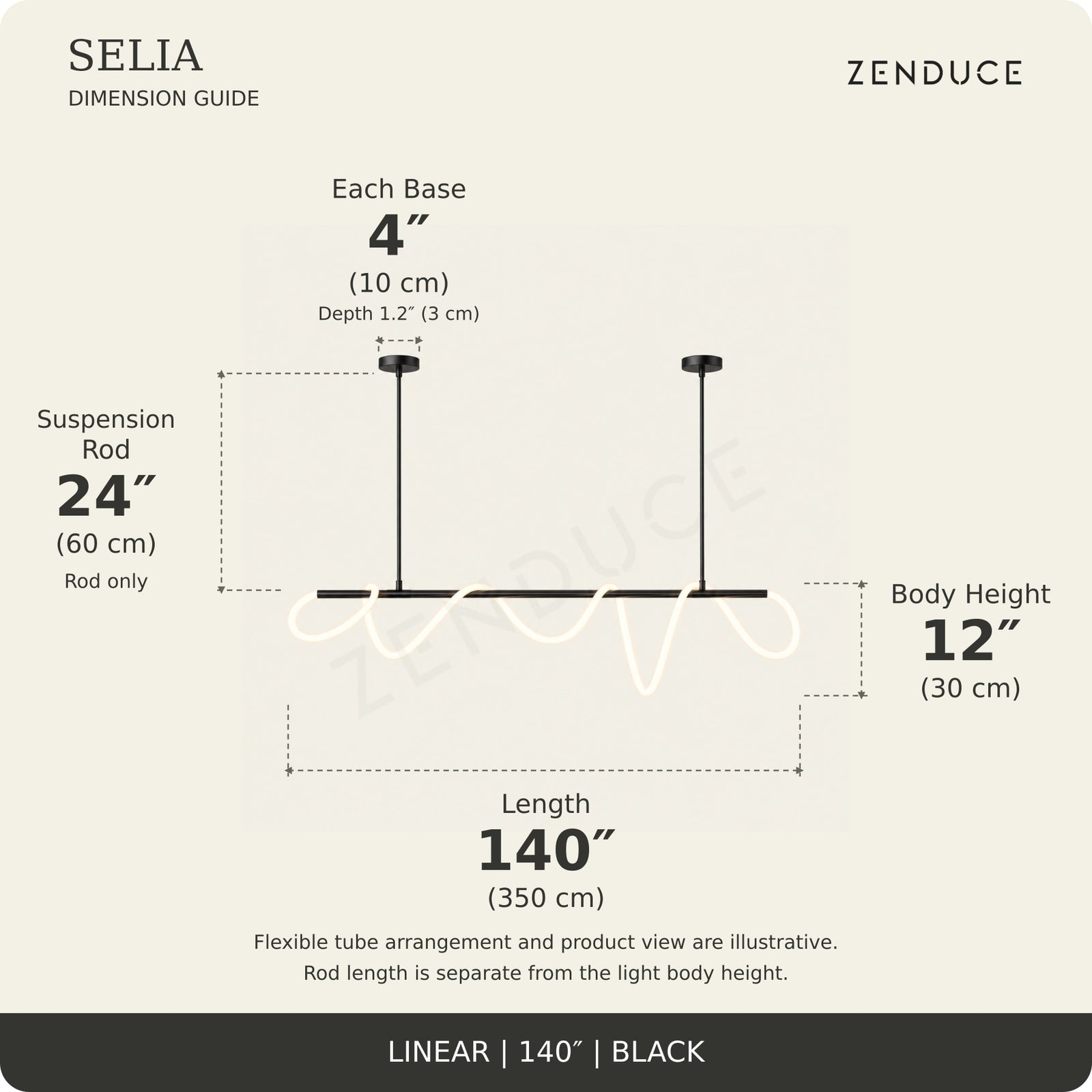 SELIA 140-inch black dimension guide: length 140 inches (350 cm), body 12 inches (30 cm), suspension rod 24 inches (60 cm), two bases each 4 inches (10 cm) wide
