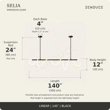 SELIA 140-inch black dimension guide: length 140 inches (350 cm), body 12 inches (30 cm), suspension rod 24 inches (60 cm), two bases each 4 inches (10 cm) wide