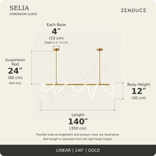 SELIA 140-inch gold dimension guide: length 140 inches (350 cm), body 12 inches (30 cm), suspension rod 24 inches (60 cm), two bases each 4 inches (10 cm) wide
