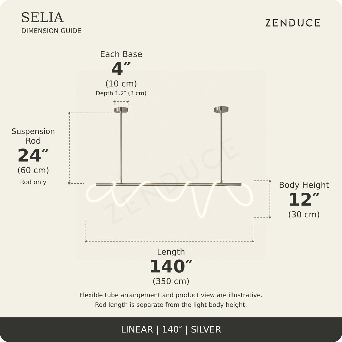 SELIA 140-inch silver dimension guide: length 140 inches (350 cm), body 12 inches (30 cm), suspension rod 24 inches (60 cm), two bases each 4 inches (10 cm) wide