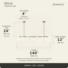 SELIA 140-inch silver dimension guide: length 140 inches (350 cm), body 12 inches (30 cm), suspension rod 24 inches (60 cm), two bases each 4 inches (10 cm) wide