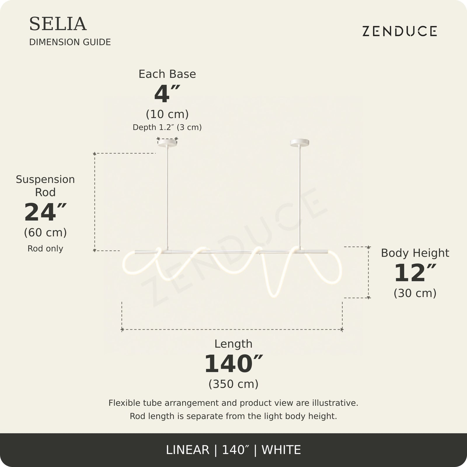 SELIA 140-inch white dimension guide: length 140 inches (350 cm), body 12 inches (30 cm), suspension rod 24 inches (60 cm), two bases each 4 inches (10 cm) wide