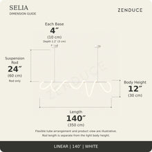 SELIA 140-inch white dimension guide: length 140 inches (350 cm), body 12 inches (30 cm), suspension rod 24 inches (60 cm), two bases each 4 inches (10 cm) wide