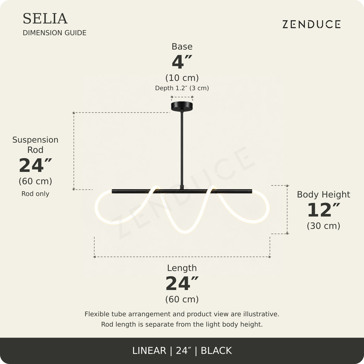 SELIA 24-inch black dimension guide: length 24 inches (60 cm), body 12 inches (30 cm), suspension rod 24 inches (60 cm), one base each 4 inches (10 cm) wide