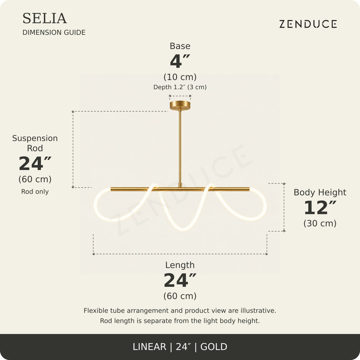 SELIA 24-inch gold dimension guide: length 24 inches (60 cm), body 12 inches (30 cm), suspension rod 24 inches (60 cm), one base each 4 inches (10 cm) wide