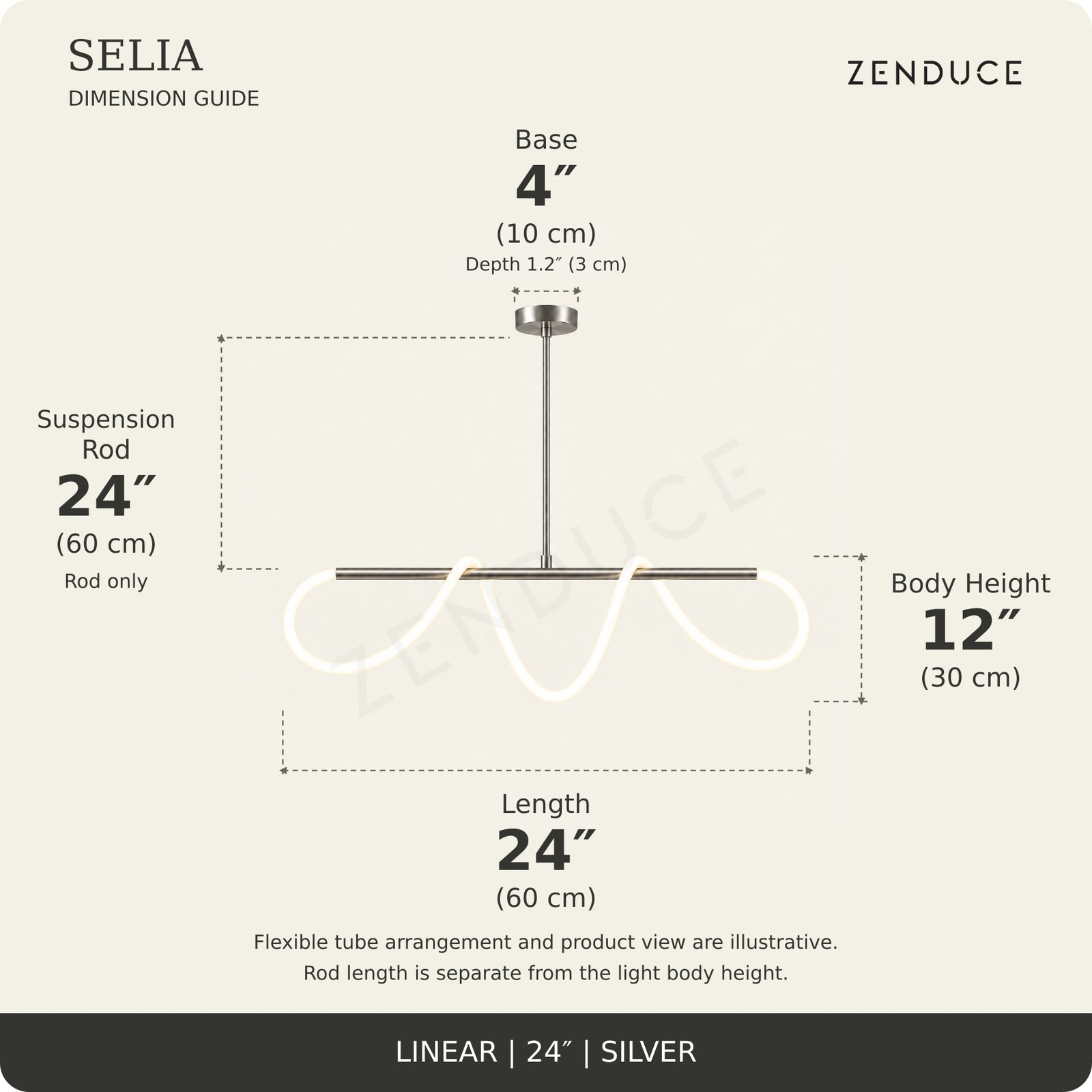 SELIA 24-inch silver dimension guide: length 24 inches (60 cm), body 12 inches (30 cm), suspension rod 24 inches (60 cm), one base each 4 inches (10 cm) wide