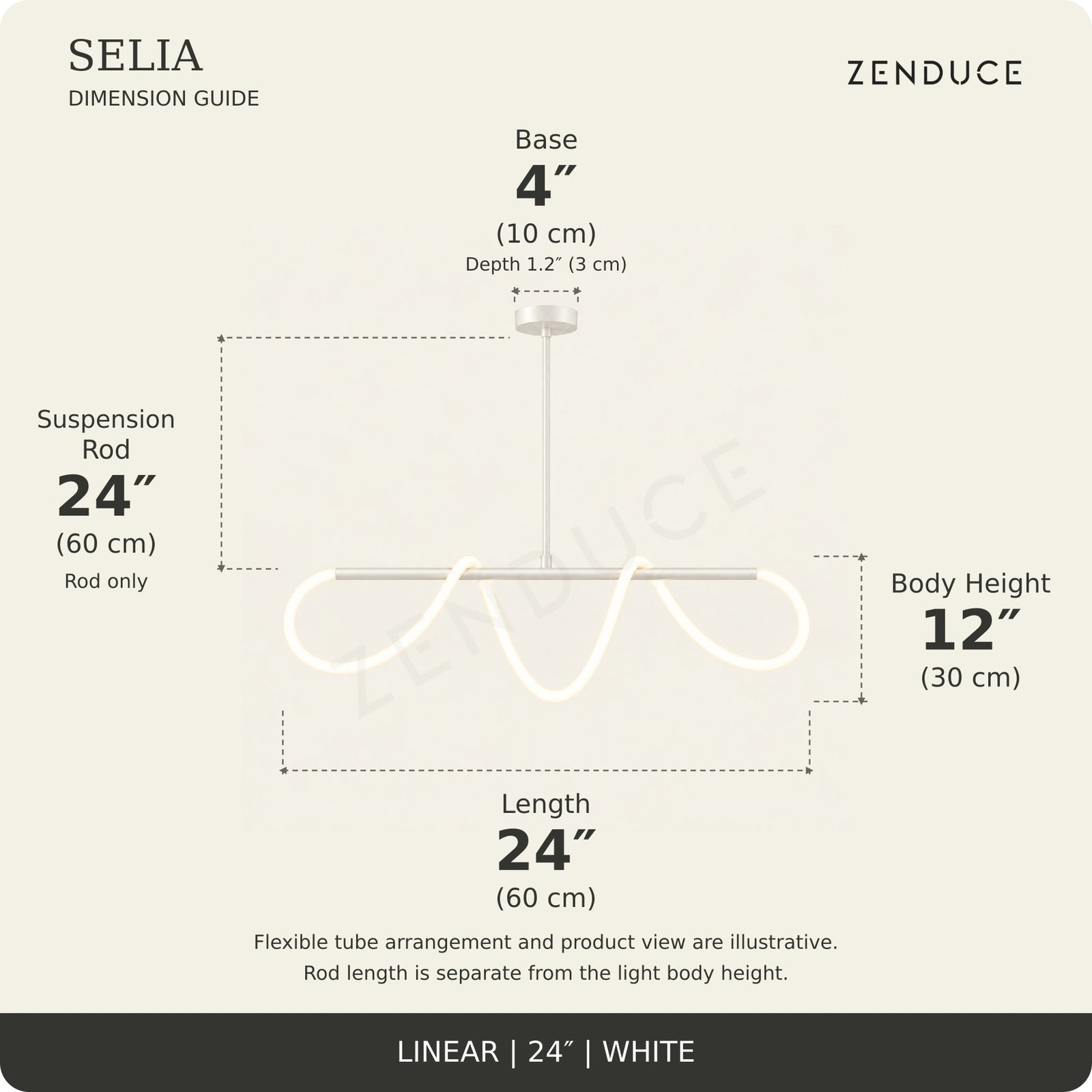 SELIA 24-inch white dimension guide: length 24 inches (60 cm), body 12 inches (30 cm), suspension rod 24 inches (60 cm), one base each 4 inches (10 cm) wide