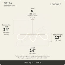 SELIA 24-inch white dimension guide: length 24 inches (60 cm), body 12 inches (30 cm), suspension rod 24 inches (60 cm), one base each 4 inches (10 cm) wide