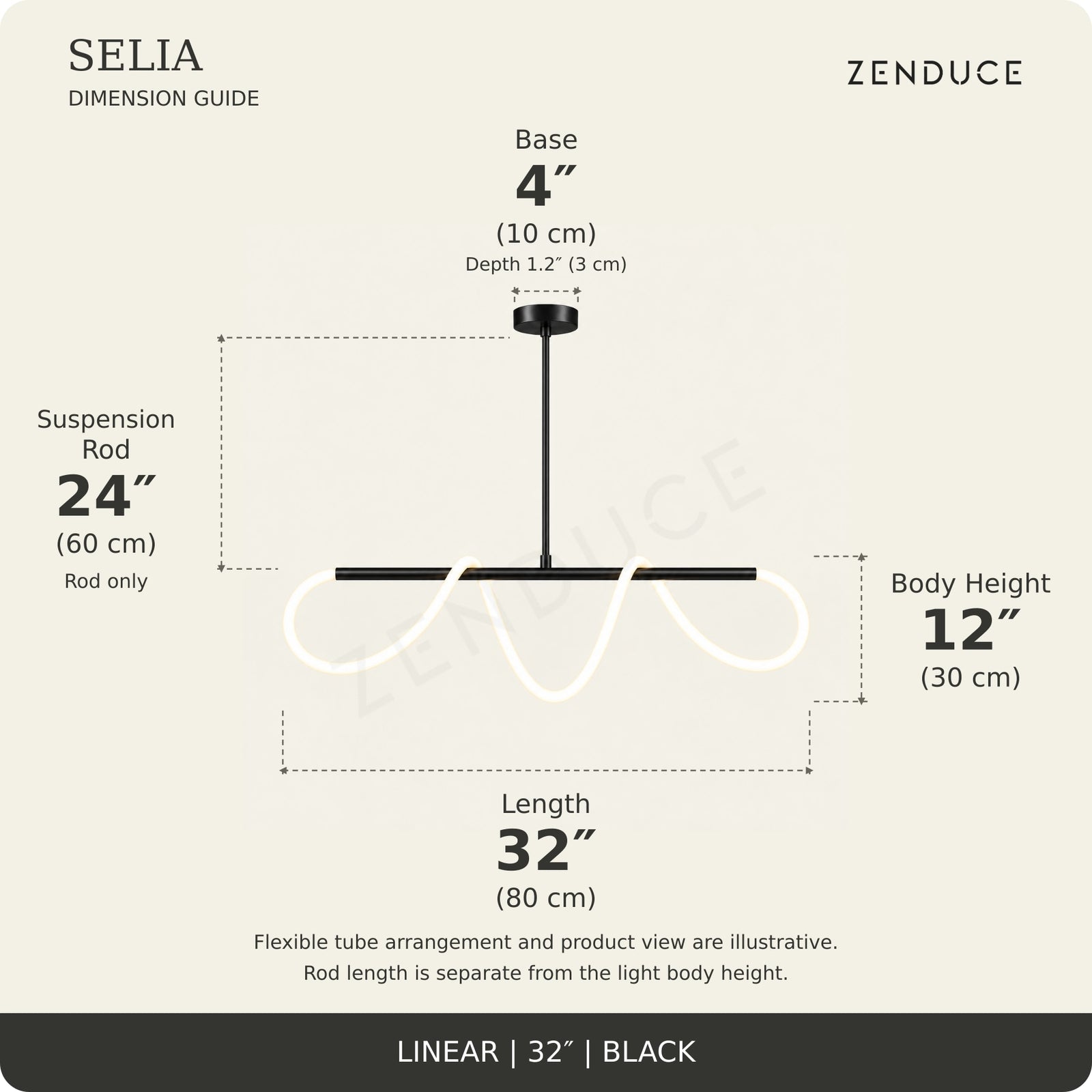 SELIA 32-inch black dimension guide: length 32 inches (80 cm), body 12 inches (30 cm), suspension rod 24 inches (60 cm), one base each 4 inches (10 cm) wide