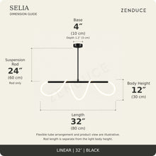 SELIA 32-inch black dimension guide: length 32 inches (80 cm), body 12 inches (30 cm), suspension rod 24 inches (60 cm), one base each 4 inches (10 cm) wide