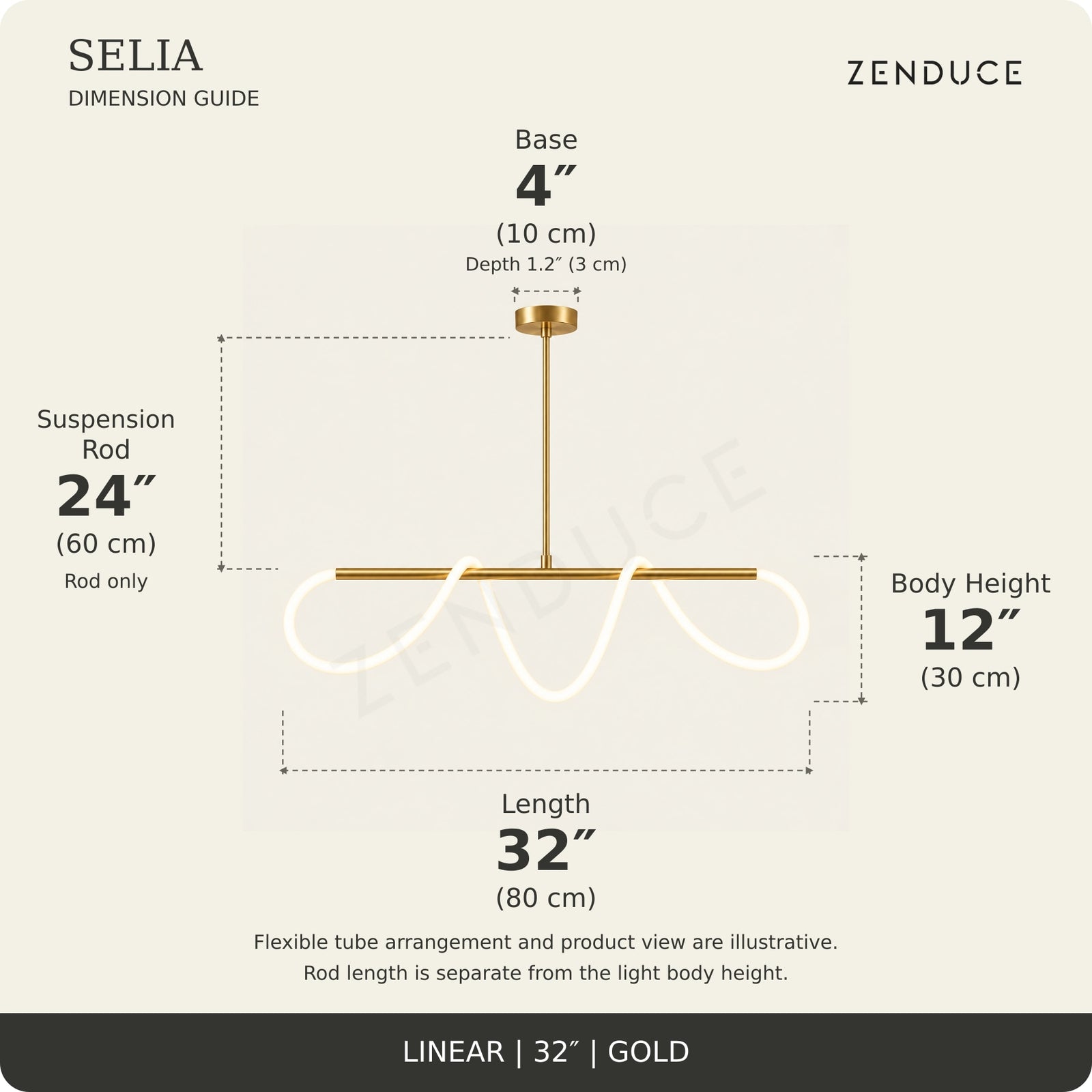 SELIA 32-inch gold dimension guide: length 32 inches (80 cm), body 12 inches (30 cm), suspension rod 24 inches (60 cm), one base each 4 inches (10 cm) wide
