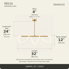 SELIA 32-inch gold dimension guide: length 32 inches (80 cm), body 12 inches (30 cm), suspension rod 24 inches (60 cm), one base each 4 inches (10 cm) wide