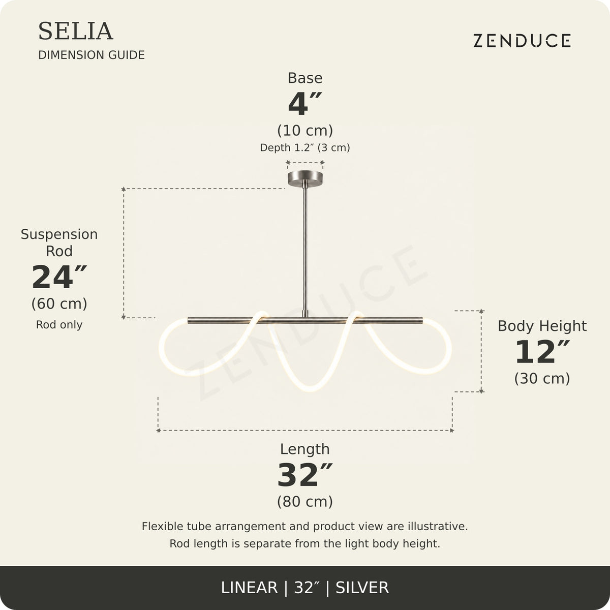 SELIA 32-inch silver dimension guide: length 32 inches (80 cm), body 12 inches (30 cm), suspension rod 24 inches (60 cm), one base each 4 inches (10 cm) wide