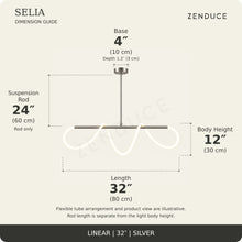 SELIA 32-inch silver dimension guide: length 32 inches (80 cm), body 12 inches (30 cm), suspension rod 24 inches (60 cm), one base each 4 inches (10 cm) wide