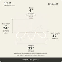 SELIA 32-inch white dimension guide: length 32 inches (80 cm), body 12 inches (30 cm), suspension rod 24 inches (60 cm), one base each 4 inches (10 cm) wide