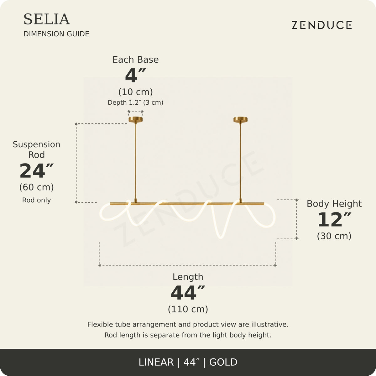 SELIA 44-inch gold dimension guide: length 44 inches (110 cm), body 12 inches (30 cm), suspension rod 24 inches (60 cm), two bases each 4 inches (10 cm) wide