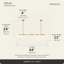 SELIA 44-inch gold dimension guide: length 44 inches (110 cm), body 12 inches (30 cm), suspension rod 24 inches (60 cm), two bases each 4 inches (10 cm) wide