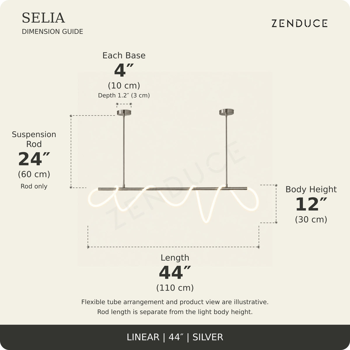 SELIA 44-inch silver dimension guide: length 44 inches (110 cm), body 12 inches (30 cm), suspension rod 24 inches (60 cm), two bases each 4 inches (10 cm) wide