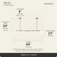 SELIA 44-inch silver dimension guide: length 44 inches (110 cm), body 12 inches (30 cm), suspension rod 24 inches (60 cm), two bases each 4 inches (10 cm) wide